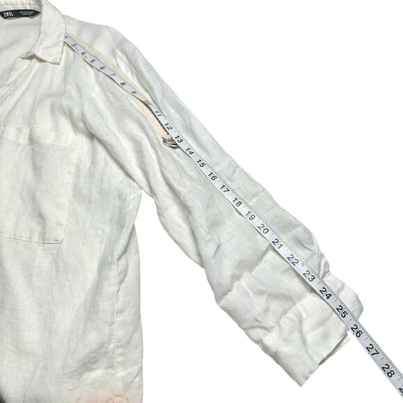 Zara | Women | 100% Linen White Roll Tab V-Neck Button Up Top | Size XS - Picture 6 of 10